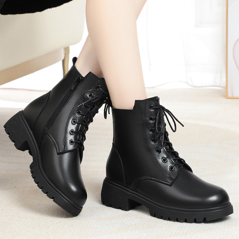 Women's With Fleece Lining Short Thick Bottom Martin Women's Leather Boots