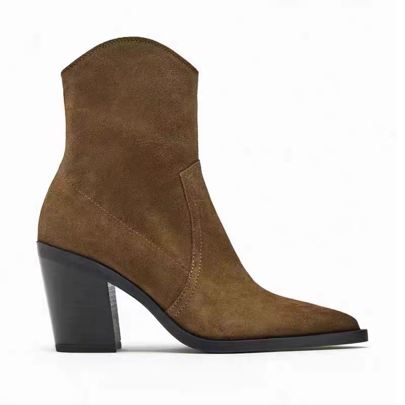Women's Spanish Ankle Slim Fashion Brown Chunky Side Zip Retro Style Boots