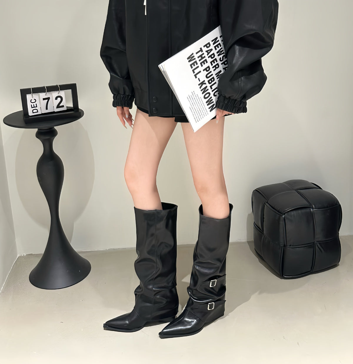 Pants Pointed Long Female Black Pile Style Women's Leather Boots