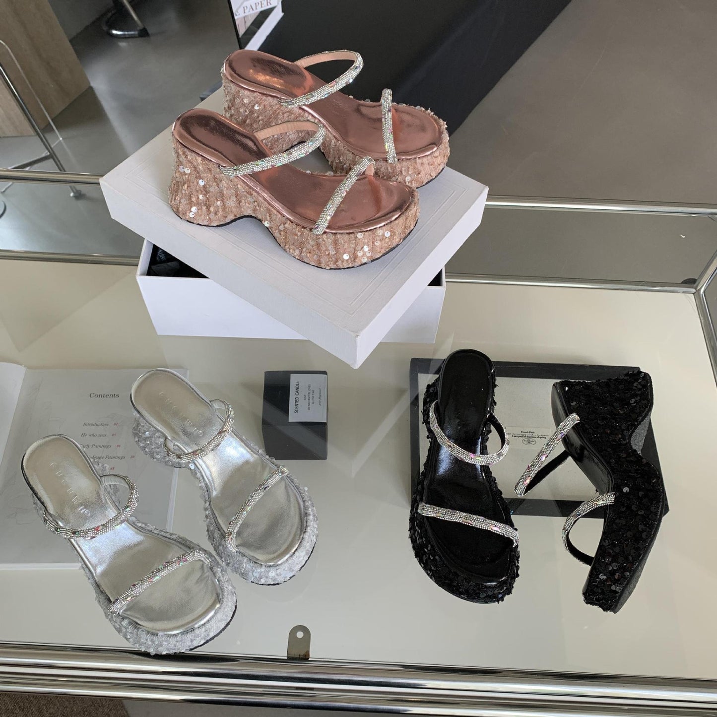 Women's Tax Platform Wedge Summer Wear Fashionable Sequins Transparent Word Toe Thick-soles Slippers