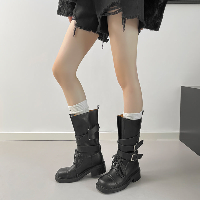 Women's Bottom Increased Knee-high Retro British Style Belt Buckle Boots