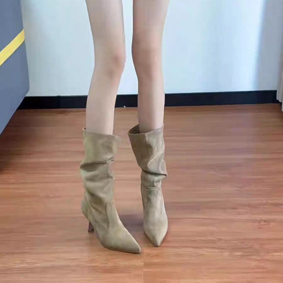 Width Big Tube Circumference Female Pointed Toe Skinny Stilettos Pile Boots