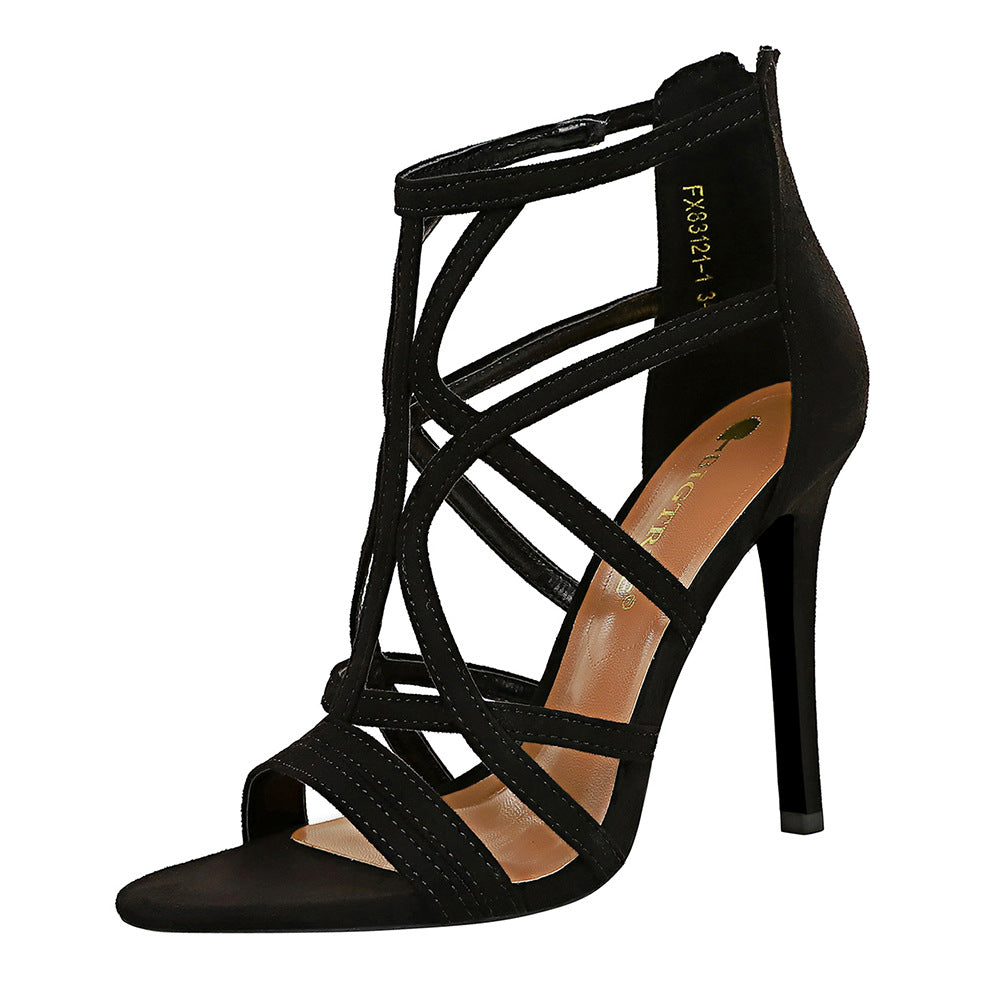 Style Stiletto Suede Hollow Sexy Nightclub High Heeled Sandals