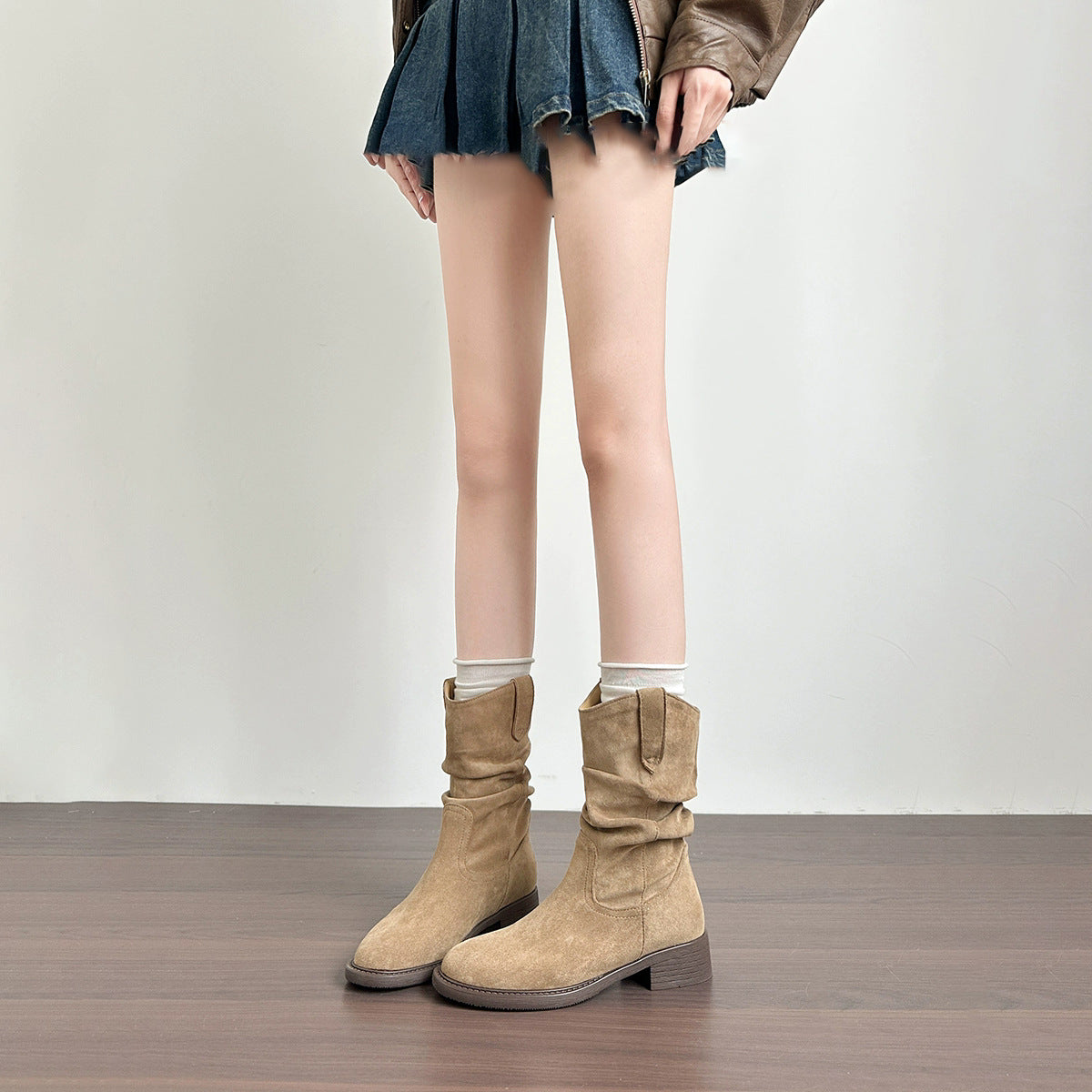 Women's Khaki Martin Pile Style Pleated Single Western Women's Leather Boots