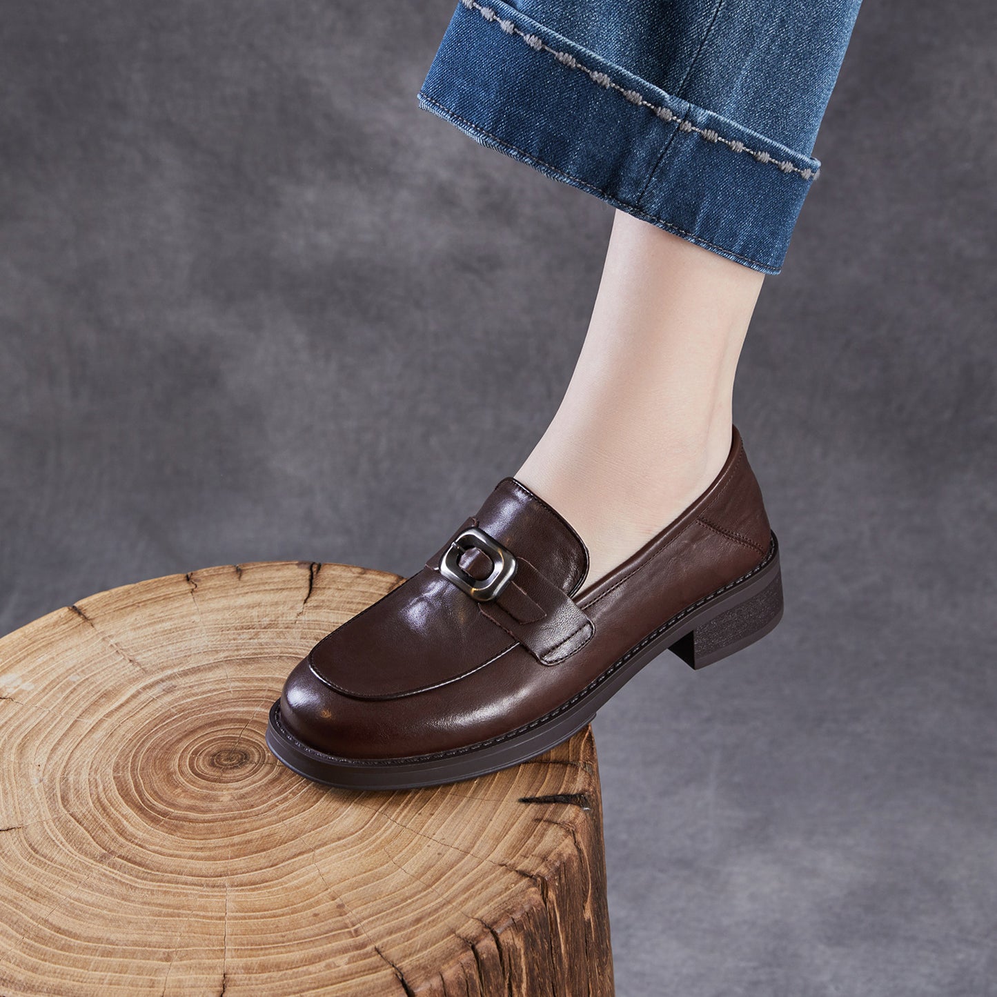 Women's Brown Retro Round Toe Spring British Women's Fashion Shoes