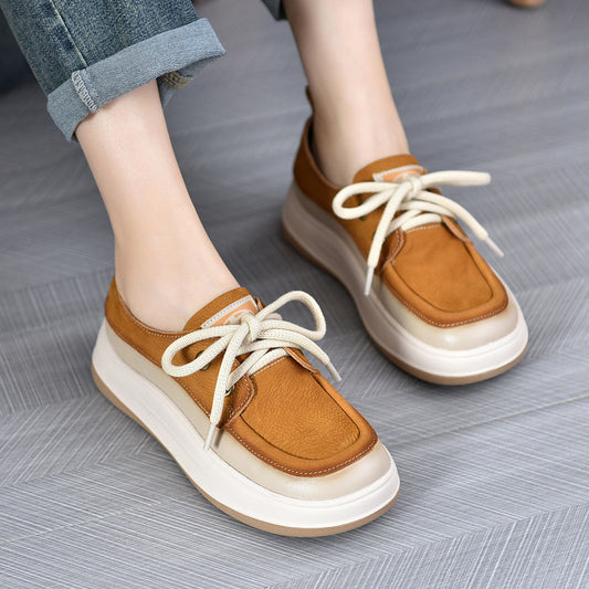 Women's First Layer Cowhide Vintage Skateboard Genuine Thick Bottom Soft Casual Shoes
