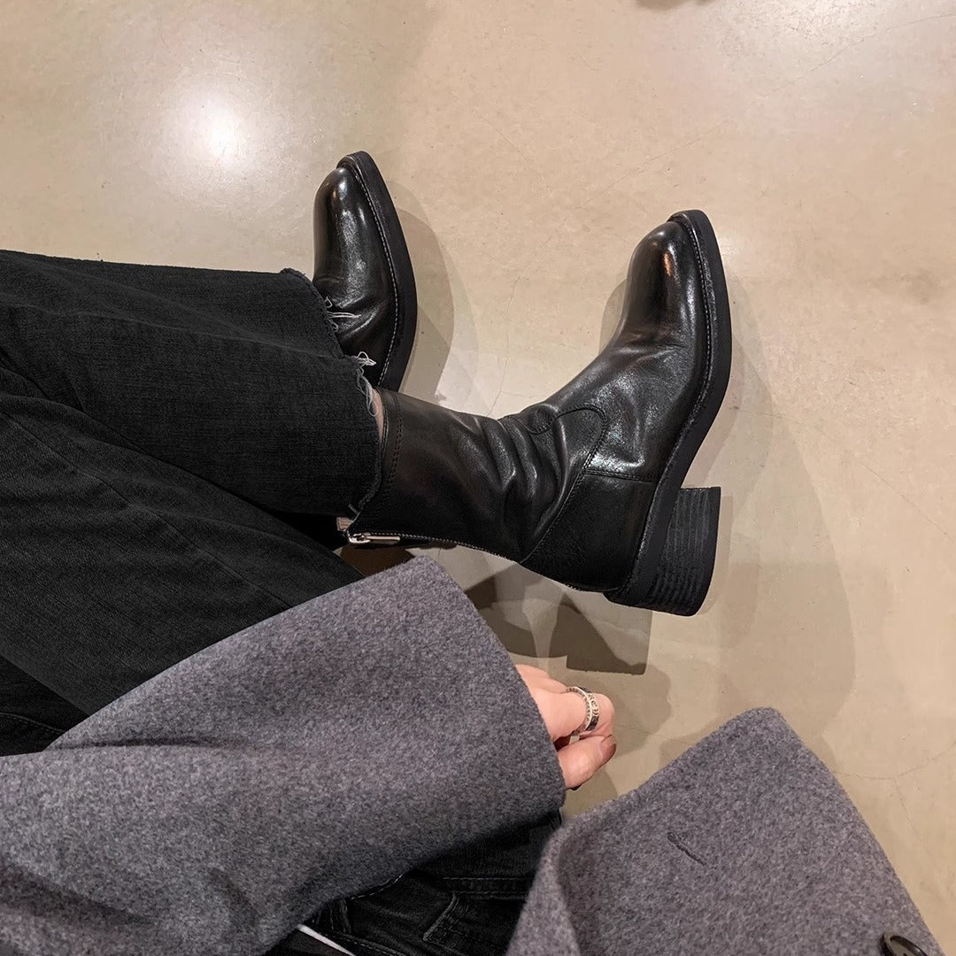 Women's Retro Round Toe Back Zipper Thick Thin Ankle Platform Martin Women's Leather Boots