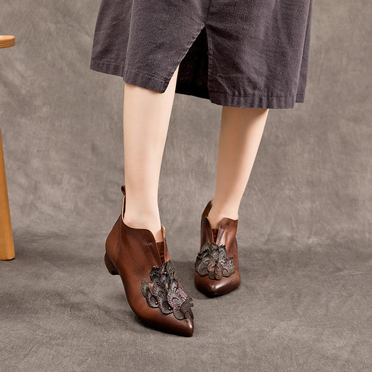 Women's Retro Genuine Fashion Pointed Toe Chunky Comfortable Versatile Cowhide Heels