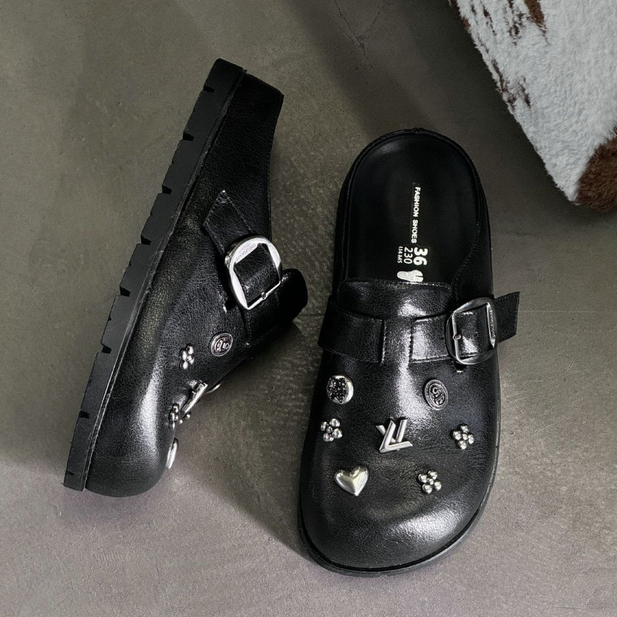 Women's Half Toe Cap Belt Buckle Flat Outer Wear Pumps Fashionable Thick-soles Slippers