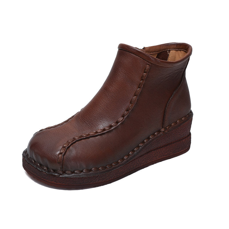 Women's National Style Vintage Soft Bottom Wedge Short Thick Mid Women's Leather Boots