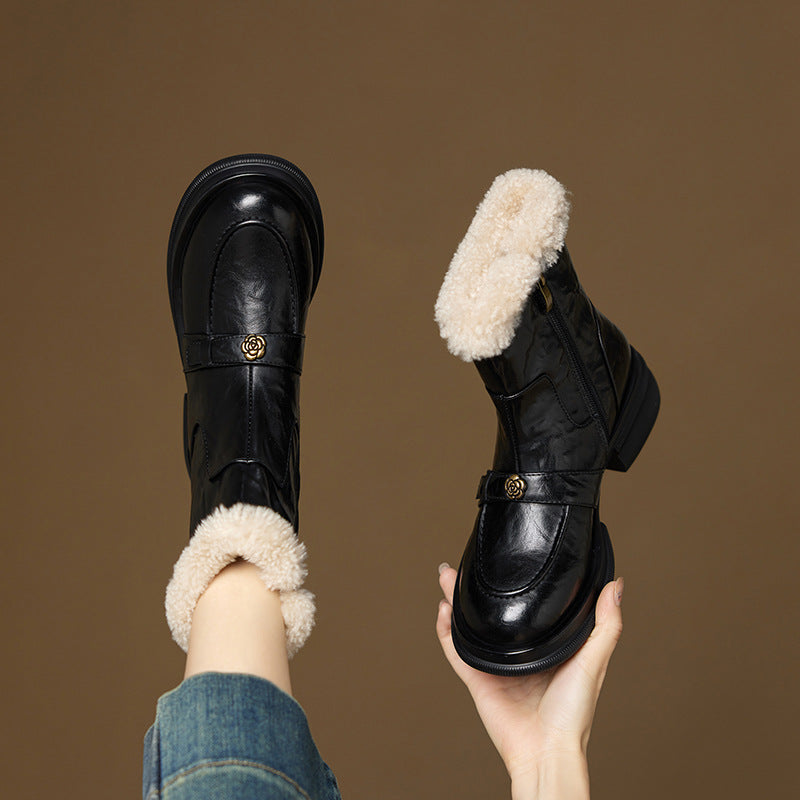 Women's Round Head Thick Bottom Veet Martin Cowhide Wool Platform Women's Leather Boots