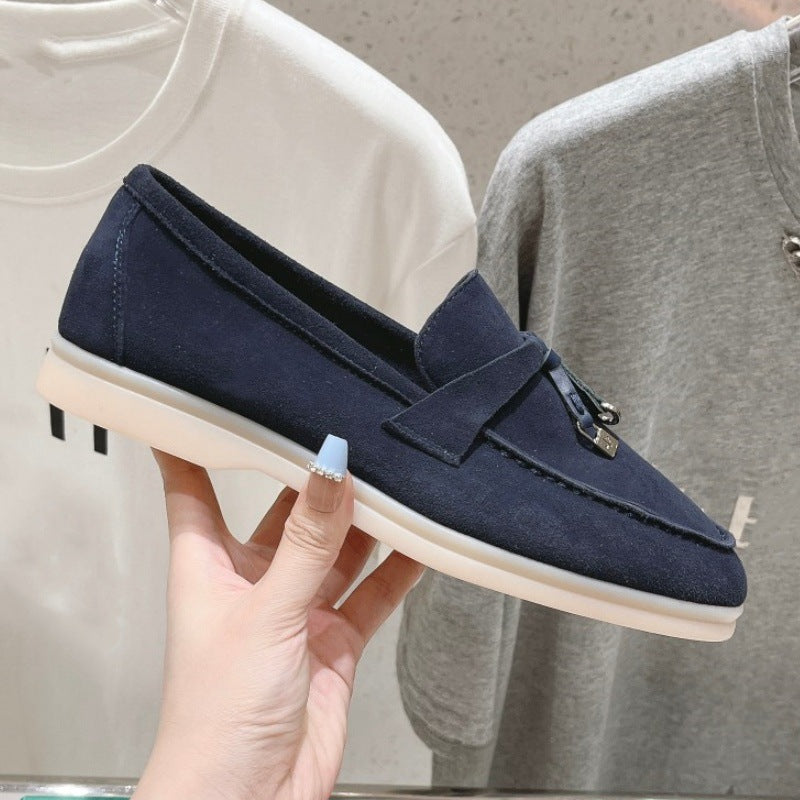 British Slip-on Lazy Pumps Deerskin Round Head Tassel Hardware Women's Casual Shoes