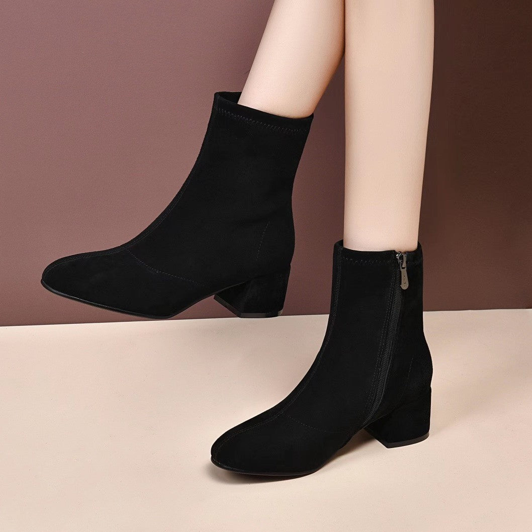 Women's Matte Authentic Sheepskin Flat Suede Black Women's Leather Boots