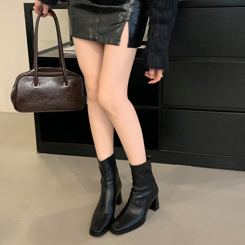 Women's Black Chunky Square Toe Booties High Skinny French Style Women's Leather Boots