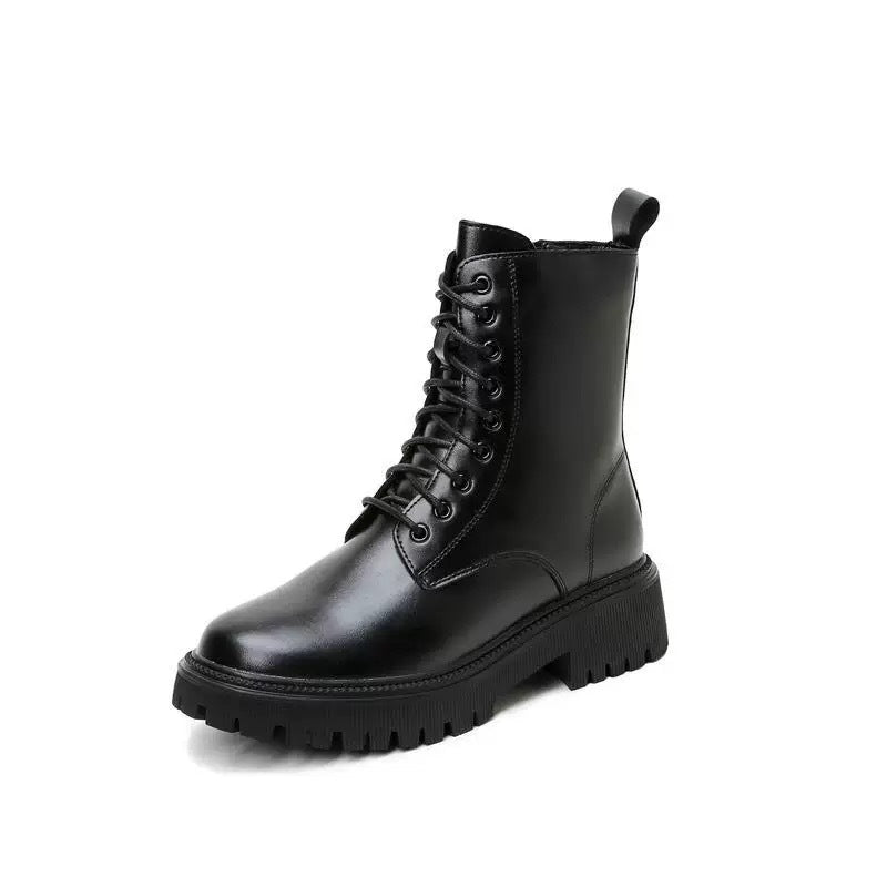 Women's Martin British Style Fleece-lined Brown Coffee Color Platform Ankle Women's Leather Boots