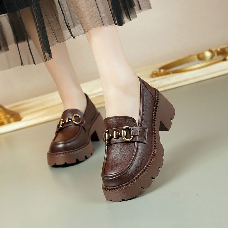 Women's Cowhide Black Patent Platform Thick Bottom Heightened Women's Casual Shoes
