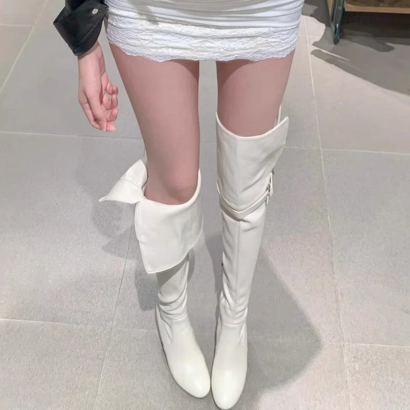 Women's Fashion Autumn Thick Slimming Pile Style Two-way Belt Buckle Retro Women's Leather Boots
