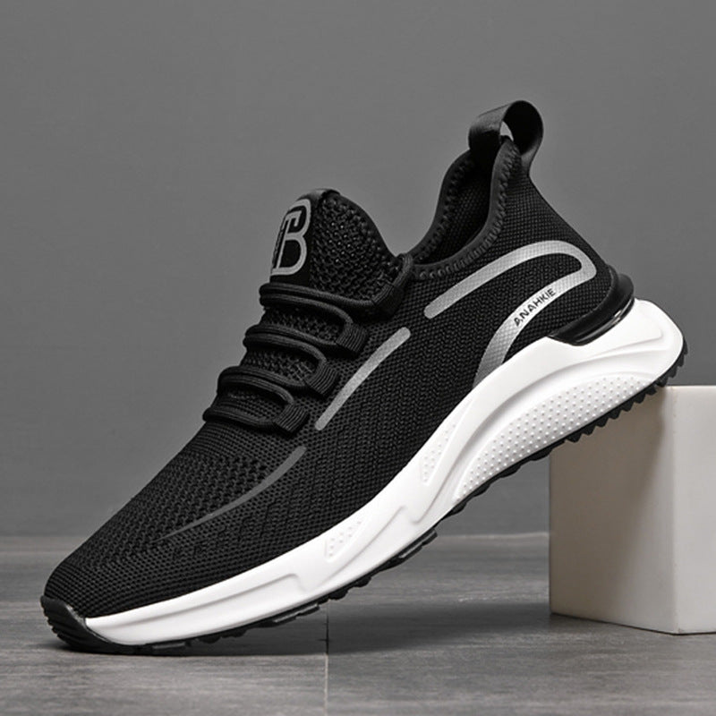 Men's Thin Mesh Black Surface White Background Breathable Travel Flying Woven Men's Sports Shoes