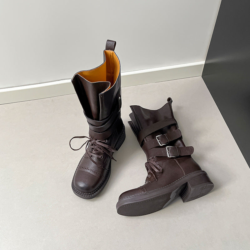 Women's Bottom Increased Knee-high Retro British Style Belt Buckle Boots