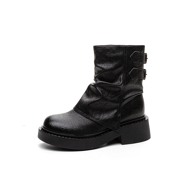 Women's British Style Short Pleated Knight Platform Pants Pile Boots