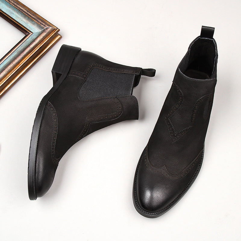 Men's Lychee Pattern Soft Cowhide Ankle Carved First Layer Boots