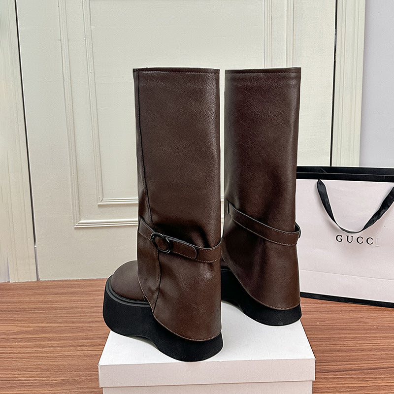 Women's Autumn Small Pantyhose Muffin Knight Thick Bottom Increased Fat Widened Women's Leather Boots