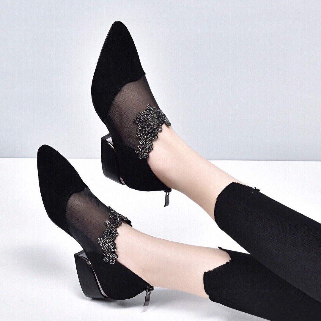 Women's Spring Pointed Mesh Sheepskin Rhinestone Black Women's Shoes