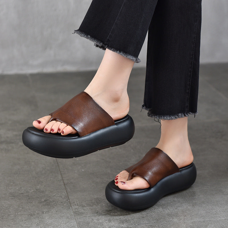 Women's Genuine Flip-flops Lightweight Platform Outerwear Cowhide Sandals