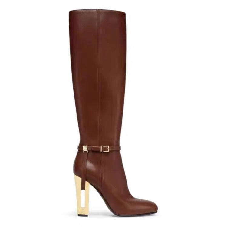 Women's Color Matching Belt Buckle Side Zipper High Women's Leather Boots