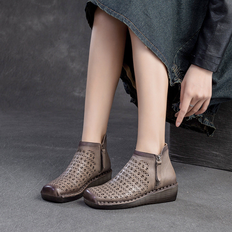 British Style Breathable Hollow Side Zipper Flat Platform Sandals