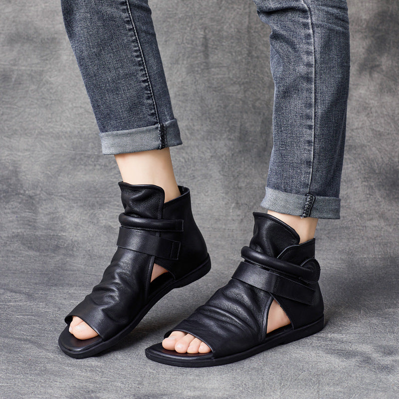 Handmade Cowhide Velcro Fish Mouth Single Flat Sandals