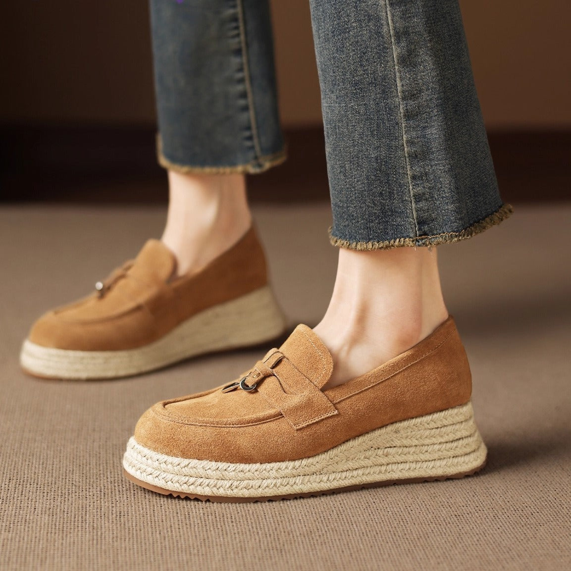 Women's Genuine Fisherman Platform Nude Slip-on Leather Shoes