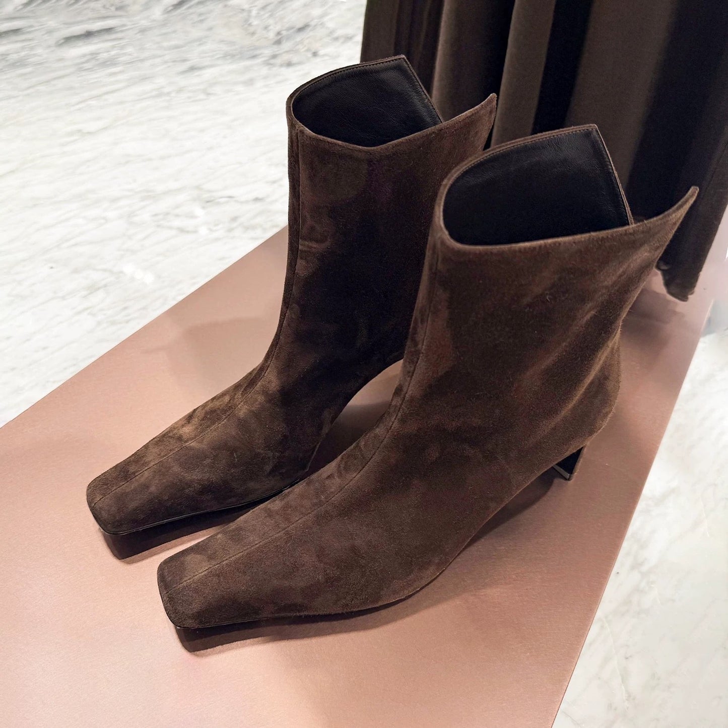 Women's Style Temperament Square Toe Rear Open V Cut High-heeled Skinny Women's Leather Boots
