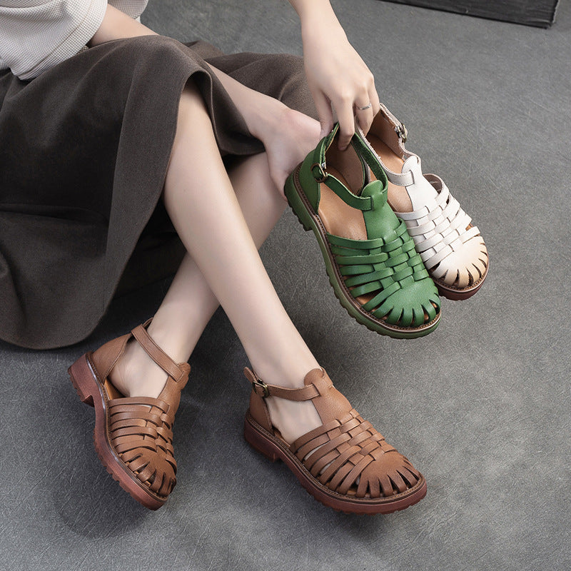 Toe Pitcher Plant Hollow Breathable Woven Retro Roman Style Top Flat Sandals