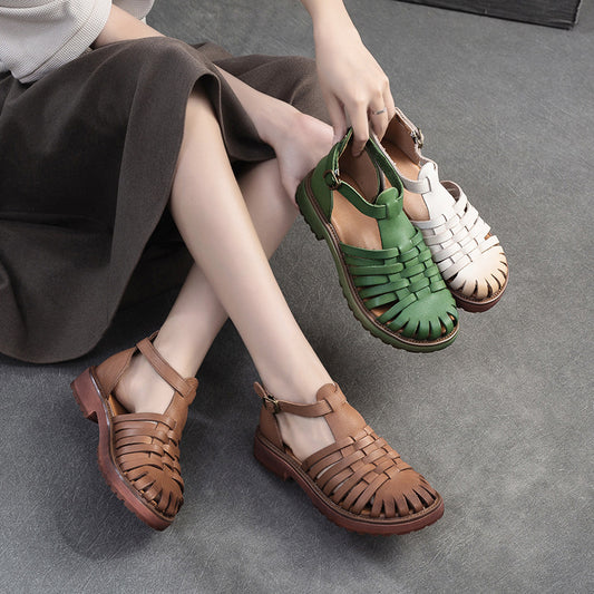 Toe Pitcher Plant Hollow Breathable Woven Retro Roman Style Top Flat Sandals
