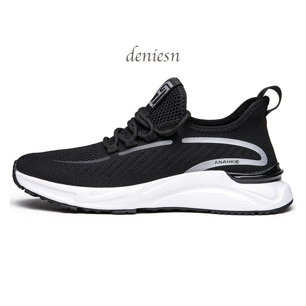 Men's Thin Mesh Black Surface White Background Breathable Travel Flying Woven Men's Sports Shoes