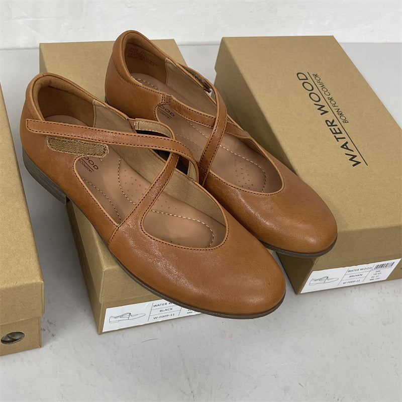 Women's Authentic Low Pumps First Layer Cowhide Round Toe Comfortable Casual Shoes