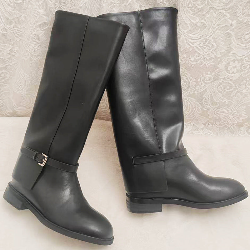 Women's Slimming Belt Buckle Knight Genuine Below The Knee High Leg Boots