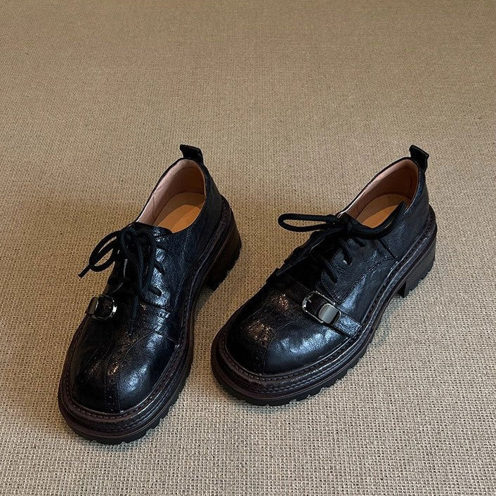 Women's Thick-soled Metal Strap British Small Black Leather Shoes