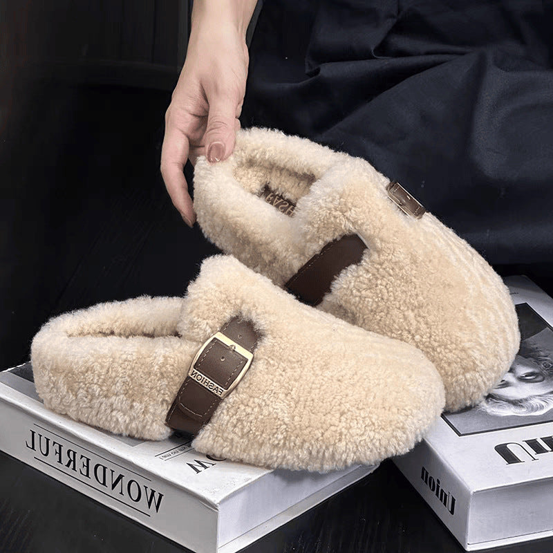 Women's Bottom Lamb Wool Woolen Toe Cap Outer Wear Slip-on Sandals