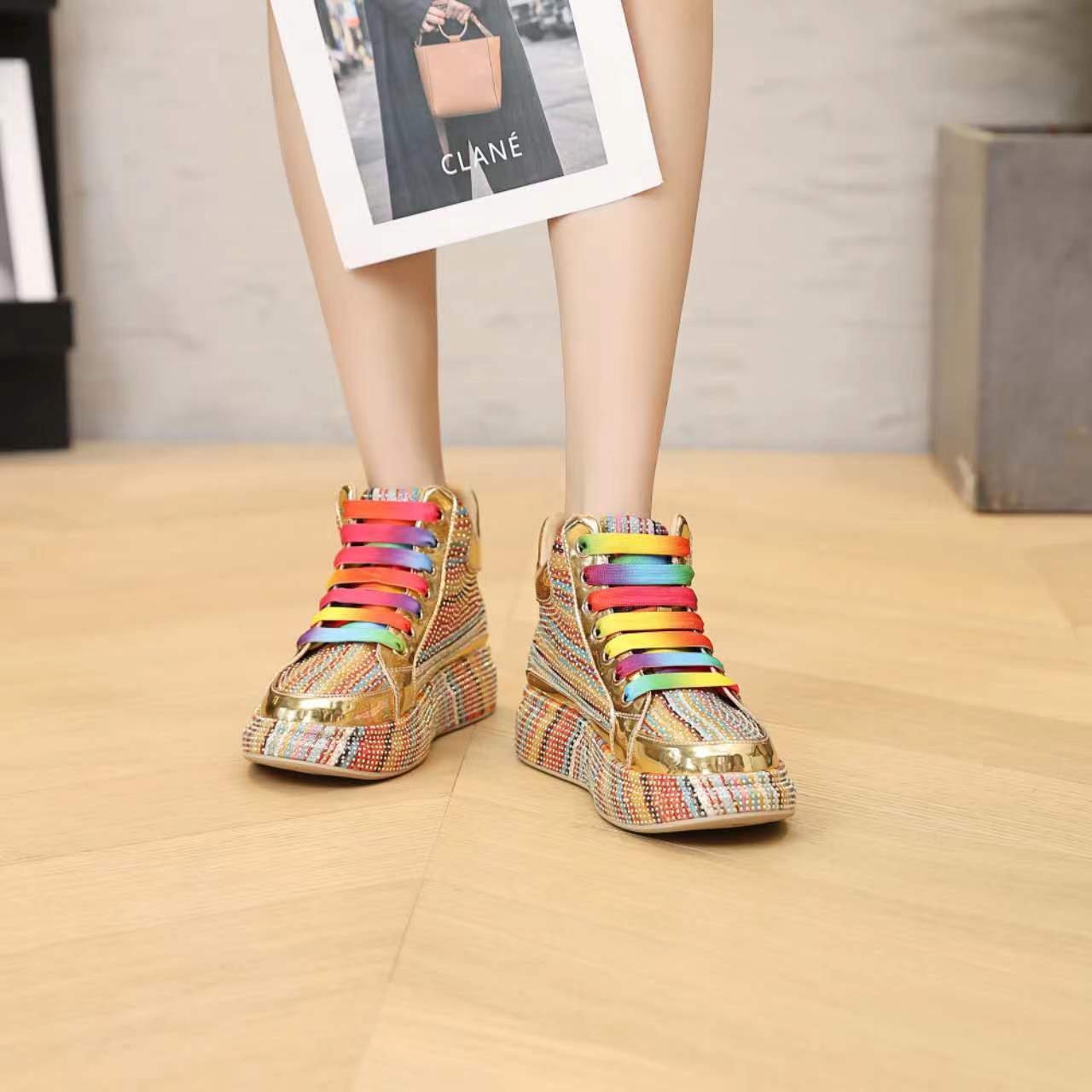 Women's Colorful Rhinestone Iti Sports Board Breathable Low Top Dad Women's Casual Shoes