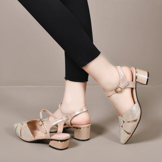 Women's Pointed Toe Summer Sheepskin Rhinestone Buckle Sandals