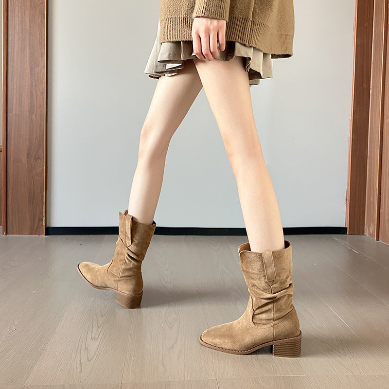 Women's Cowboy Pointed Toe Chunky Pleated Pile Style Short Martin Boots