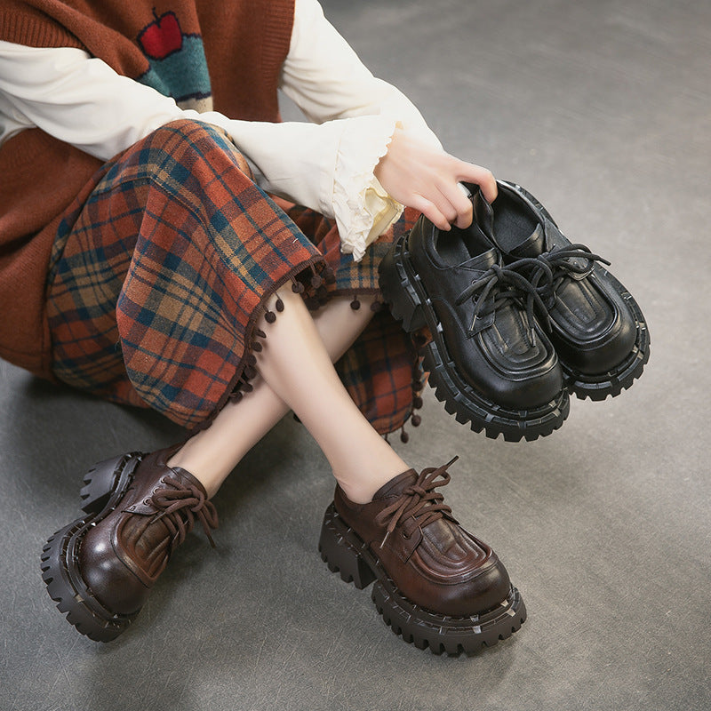 Women's British Style French Tied Round Head Leisure Trendy Top Layer Women's Casual Shoes