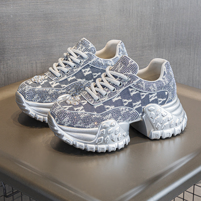 Women's Dad Platform Height Increasing Rhinestone Denim Korean Fashion Street Women's Sports Shoes