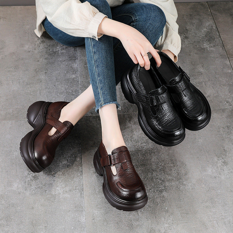 Women's Platform British Style First Layer Cowhide Round Toe Velcro Women's Fashion Shoes
