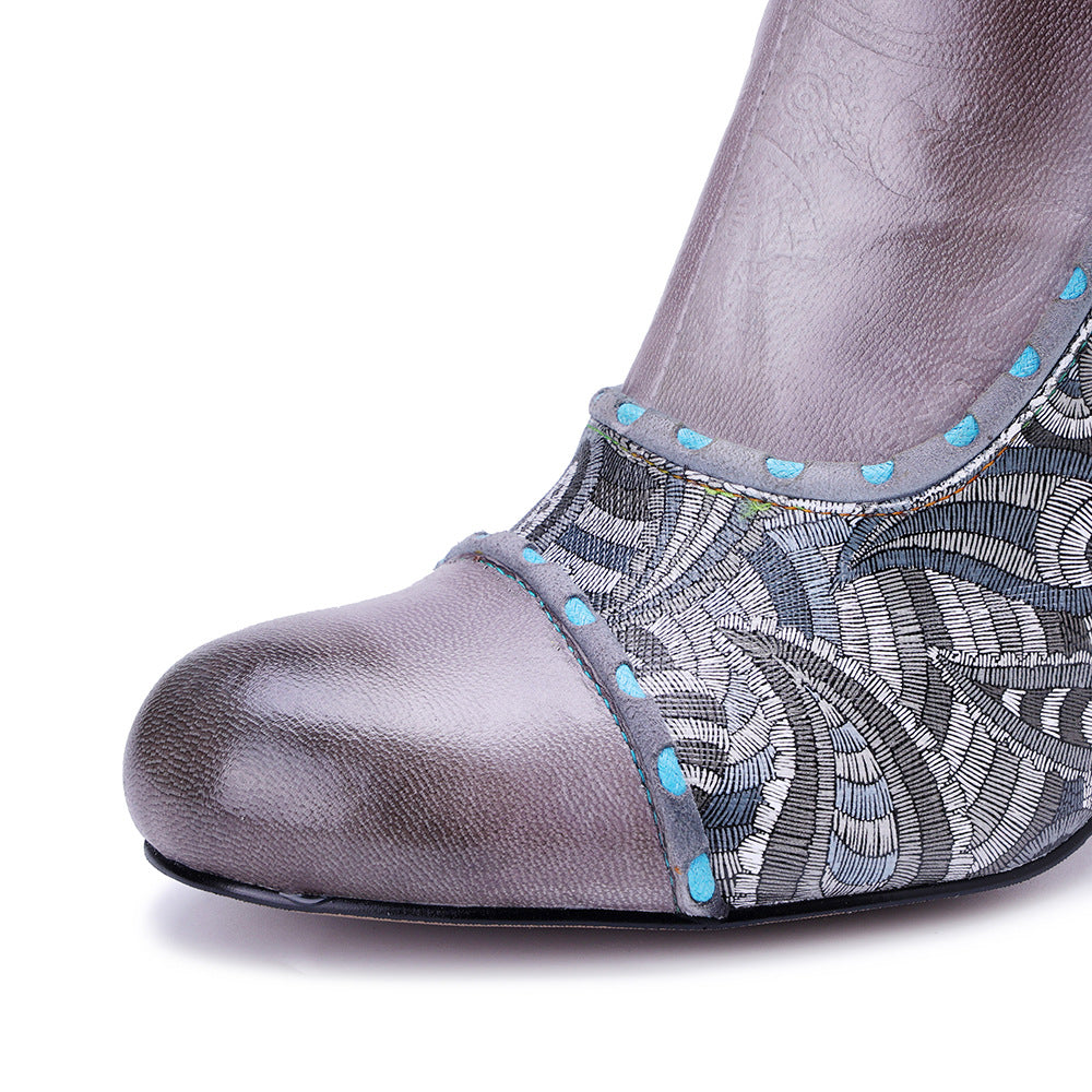 Women's Handmade Genuine Brushed Stitching Printing Craft Zipper Chunky Women's Shoes