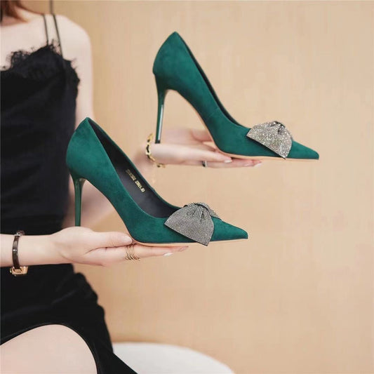 Women's High Pointed Stiletto Shallow Mouth Suede Rhinestones Bow Graceful Heels