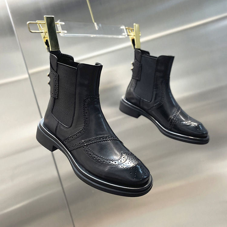 Women's Flat Retro Goose Head Tire Cowhide Boots