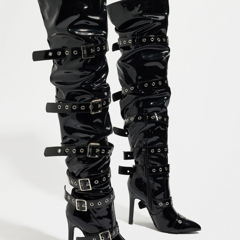 Women's High Zipper Over The Knee Pointed Willow Ding Knight Belt Heels